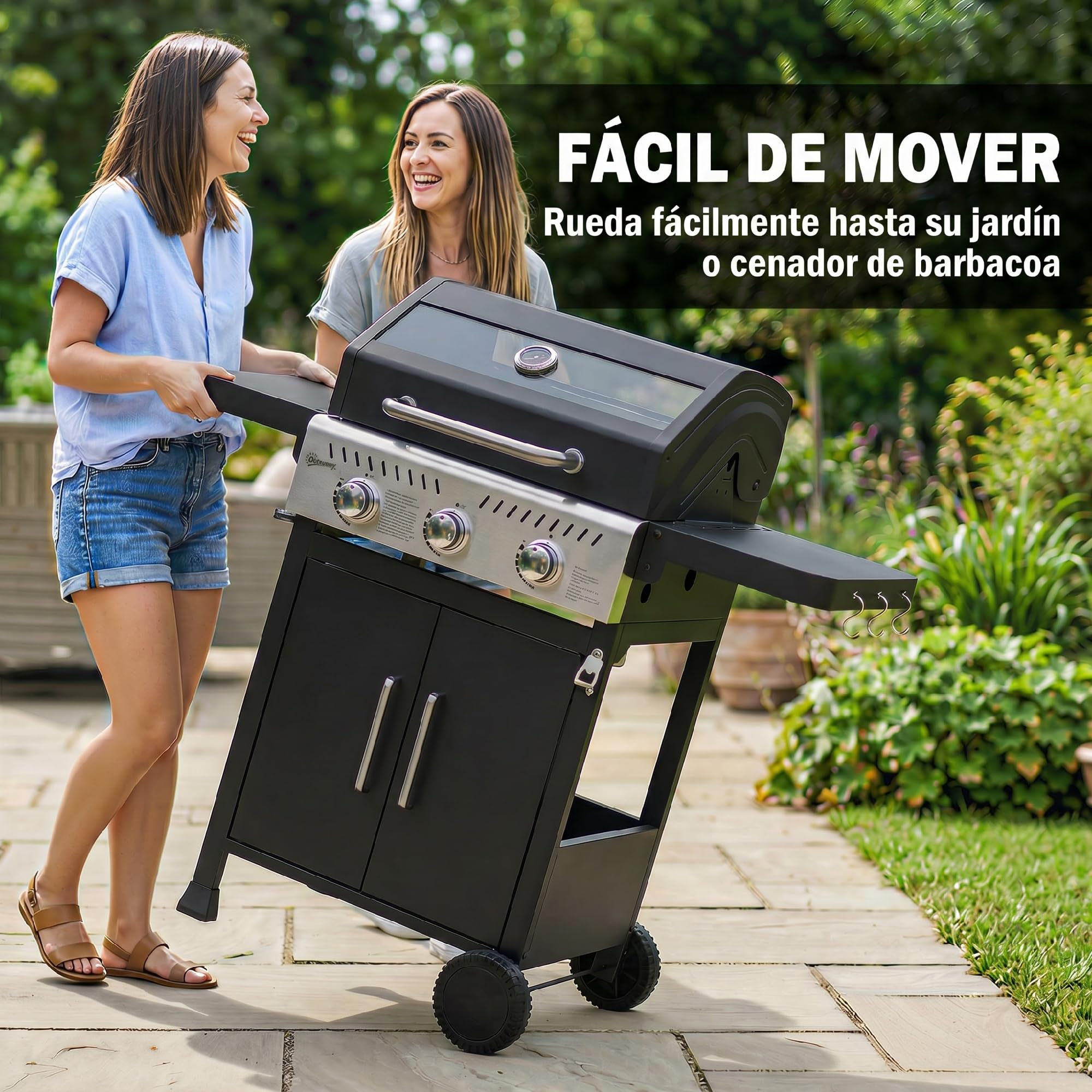 Outsunny Barbacoa de Gas BBQ Gas Portátil 3 Quemadores 7,5 kW Termómetro | Mesas Laterales Plegables, Rejilla Calentadora, Parrilla Plancha, Tapa con Ventana, Recogedor y Recipiente Grasa