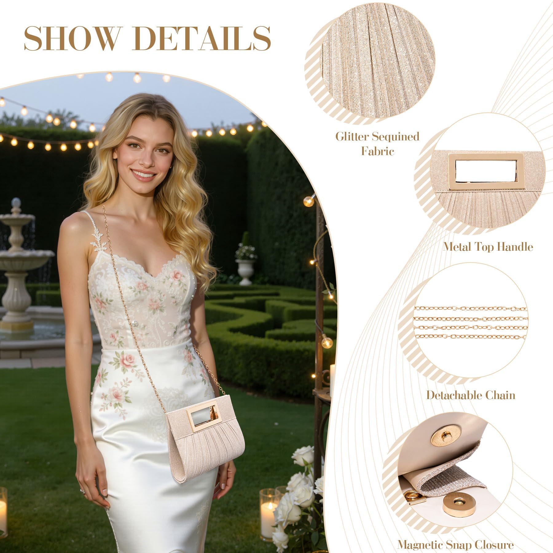 Larcenciel Bolso Clutch Mujer Champán, Bolsos de Fiesta de Plisado con Asa Superior y Cadena, Mujer Bandolera de Moda con Lentejuelas, Cartera de Mano Elegantes para Fiesta Boda Ceremonia, 24x4x17CM