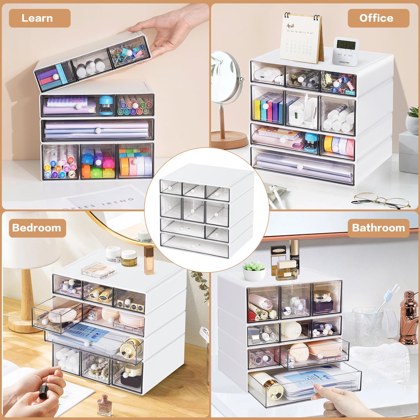 FODIENS - Organizador de almacenamiento de escritorio con 9 cajones, cajones apilables de 4 niveles, caja de almacenamiento transparente para maquillaje, joyas, suministros de manualidades de oficina