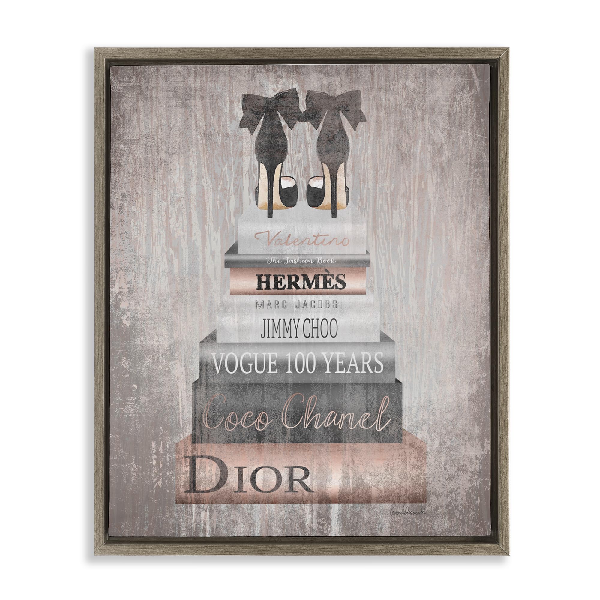 'Book Stack Heels Metallic Pink'| Floating Frame Canvas Art