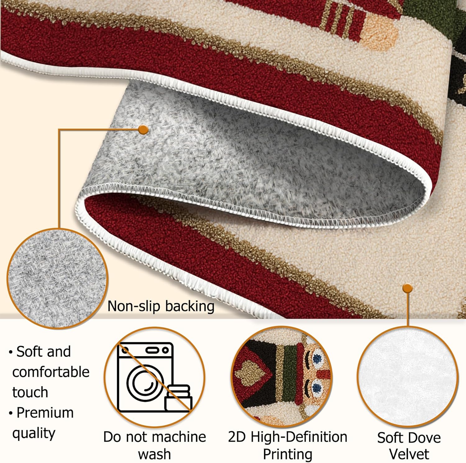 Nutcracker Runner Rug, Christmas Festive Soldier Drum Christmas Red Low Pile Soft Rectangle Carpet Stain Resistant for Kitchen Bathroom Entryway Bedside Decor 2x5 Ft