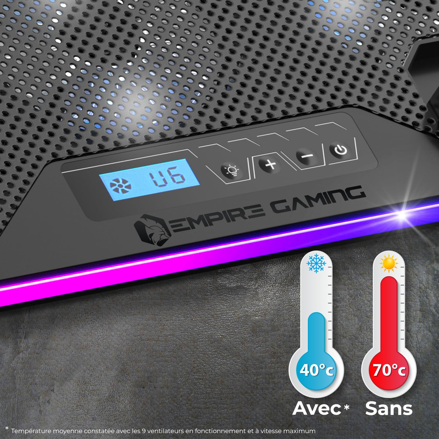 EMPIRE GAMING - Guardian C900 Refroidisseur PC Ordinateur Portable 12’’ à 17’’ RGB Gamer -9 Ventilateurs - Contrôleur LCD -10 Modes RGB -7 Hauteurs Réglables -Support Amovible