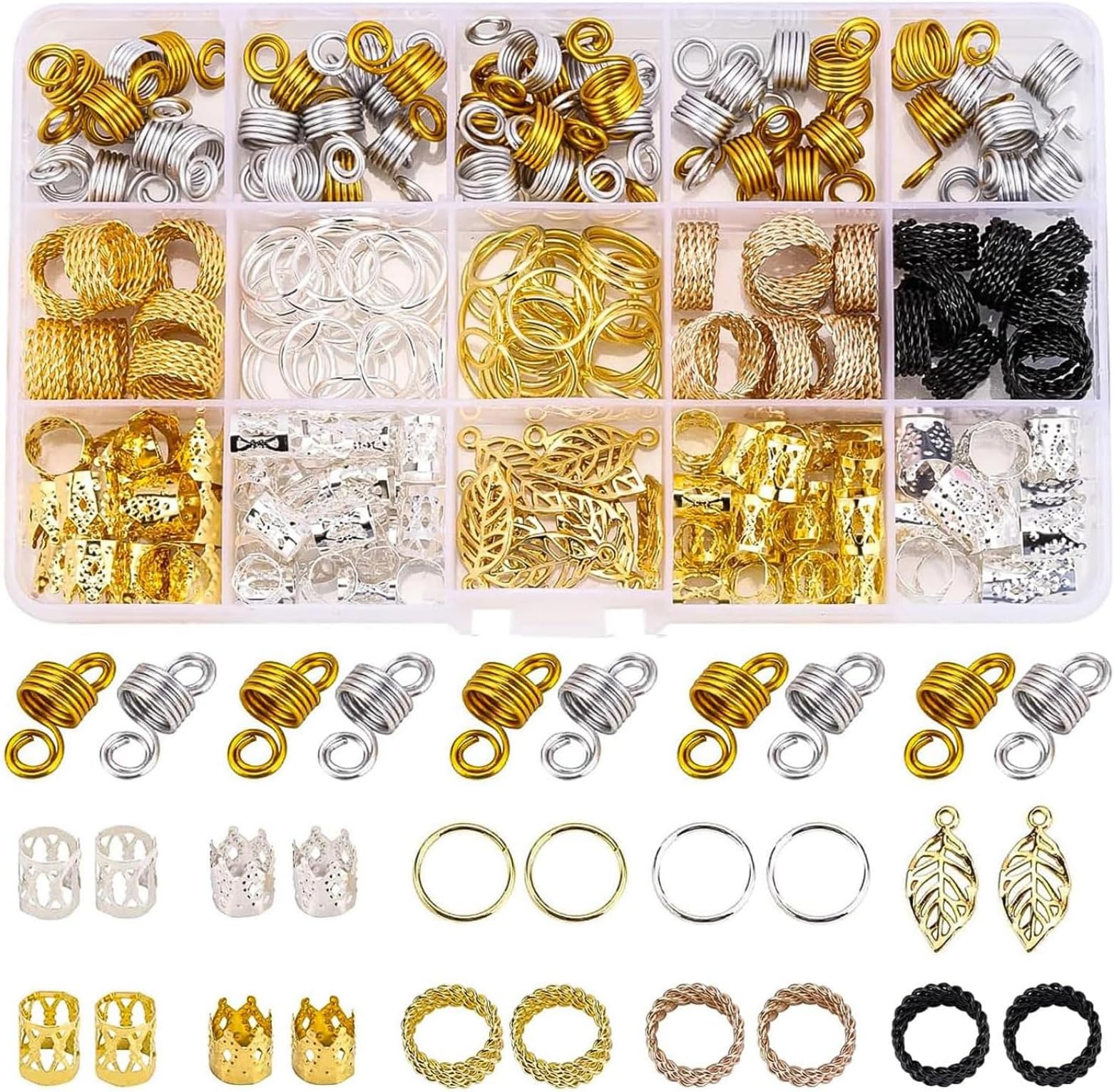2Twenbes 200 Pcs Loc Hair Jewelry for Braids, Metal Gold and Silver Hair Charms for Women, Hair Beads Rings Cuffs Dreadlocks Accessories Decoration