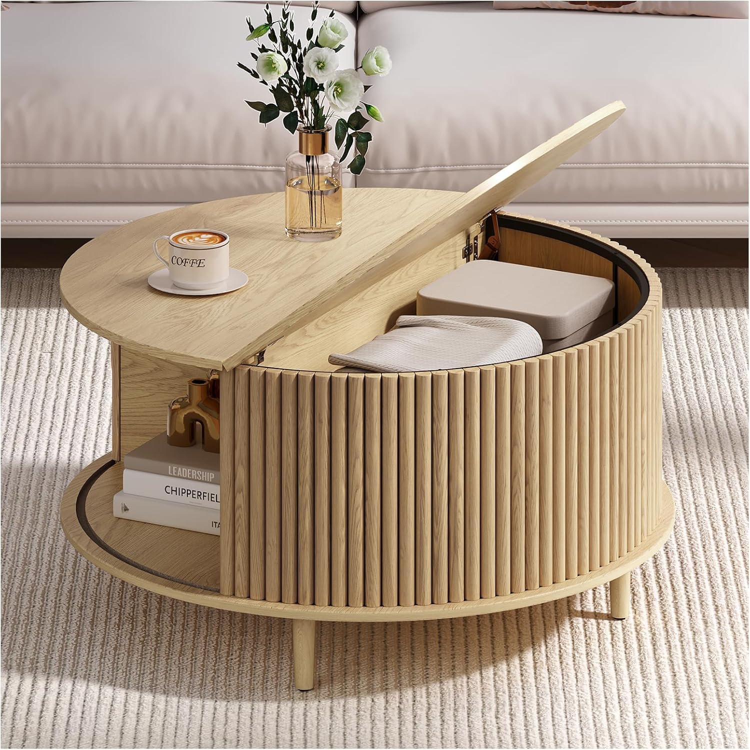 Round Coffee Table with Storage, 31.5" Natural Oak Fluted Center Table with Sliding Door, Modern Circle Drum Table for Living Room, Scandi Wood Furniture for Small Spaces