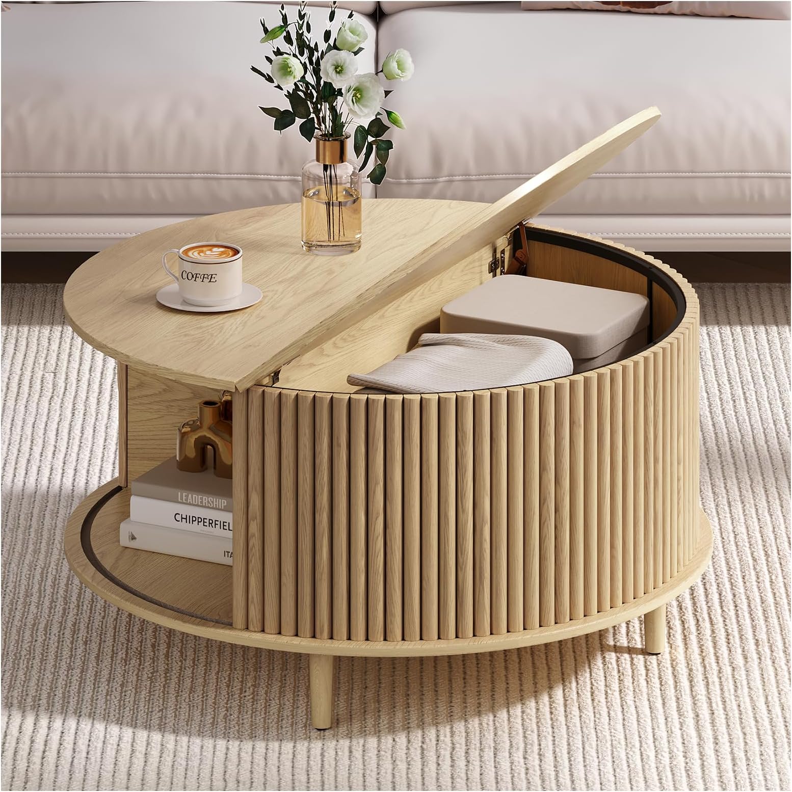 Round Coffee Table with Storage, 31.5" Natural Oak Fluted Center Table with Sliding Door, Modern Circle Drum Table for Living Room, Scandi Wood Furniture for Small Spaces