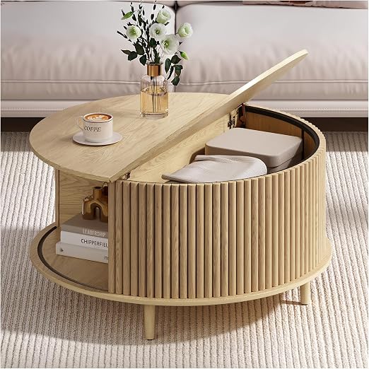 Round Coffee Table with Storage, 31.5" Mid Century Modern Coffee Table with Sliding Door & Solid Wood Legs, Minimalist Fluted Center Table for Living Room, Home Small Space, Oak