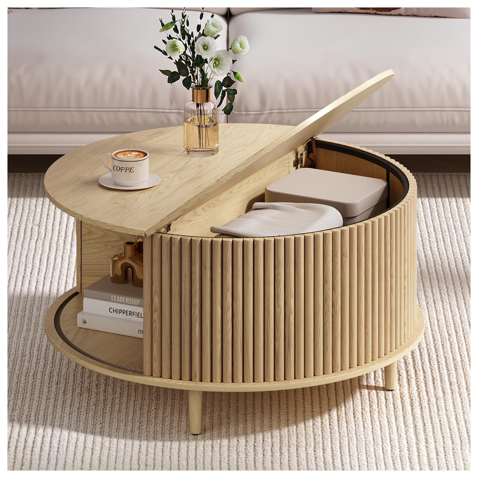 JOINICE,Round Coffee Table with Storage, 31.5" Natural Oak Fluted Center Table with Sliding Door, Modern Circle Drum Table for Living Room, Scandi Wood Furniture for Small Spaces