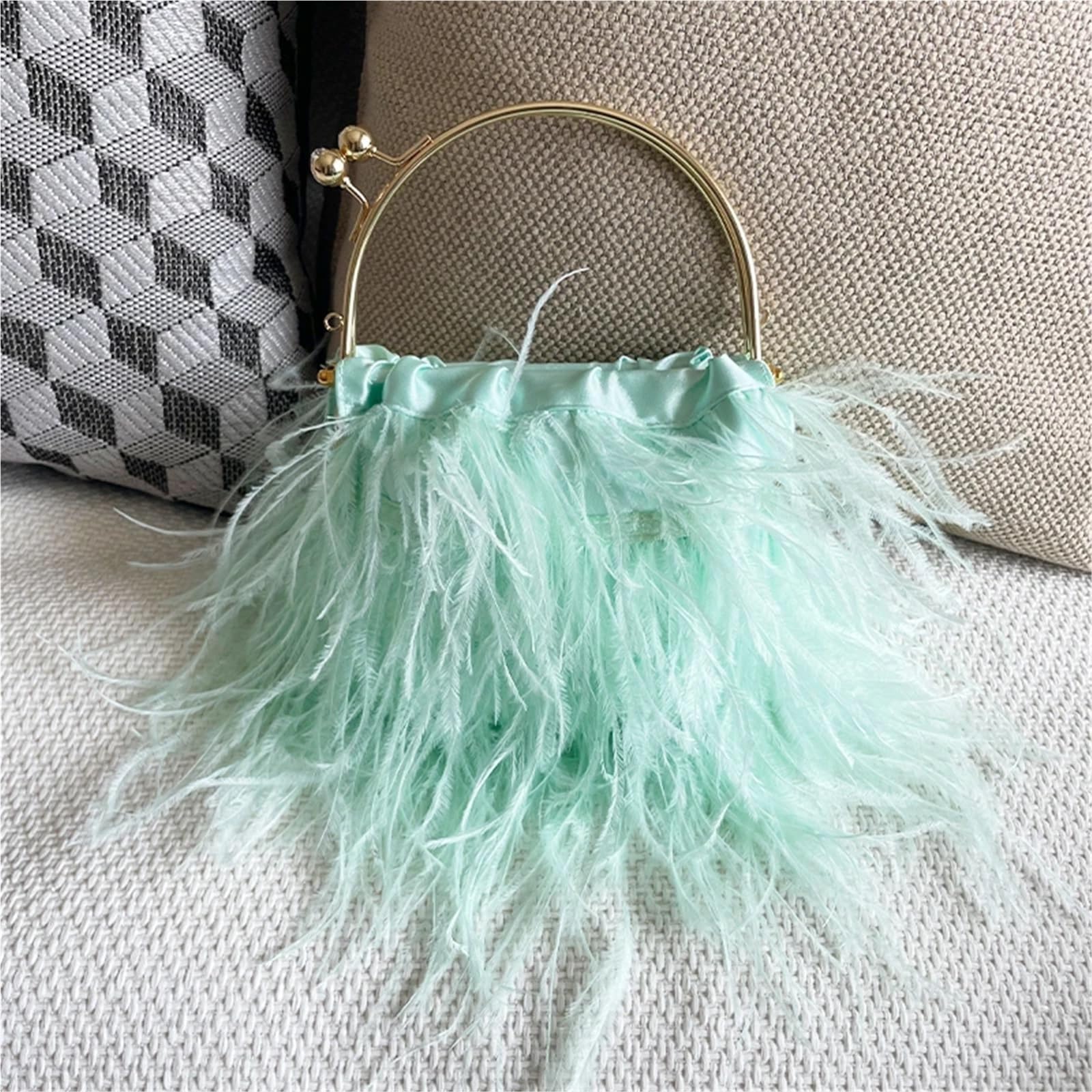 Bolso fiesta Bolso de mano con plumas avestruz, bolso boda asa metal, bandolera for fiesta noche