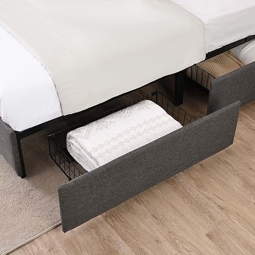 Miniatura 7 de Base de cama tapizada de tamaño Queen con 4 cajones y cabecera ajustable, botón cuadrado cosido acolchonado, soporte de listones de madera, no