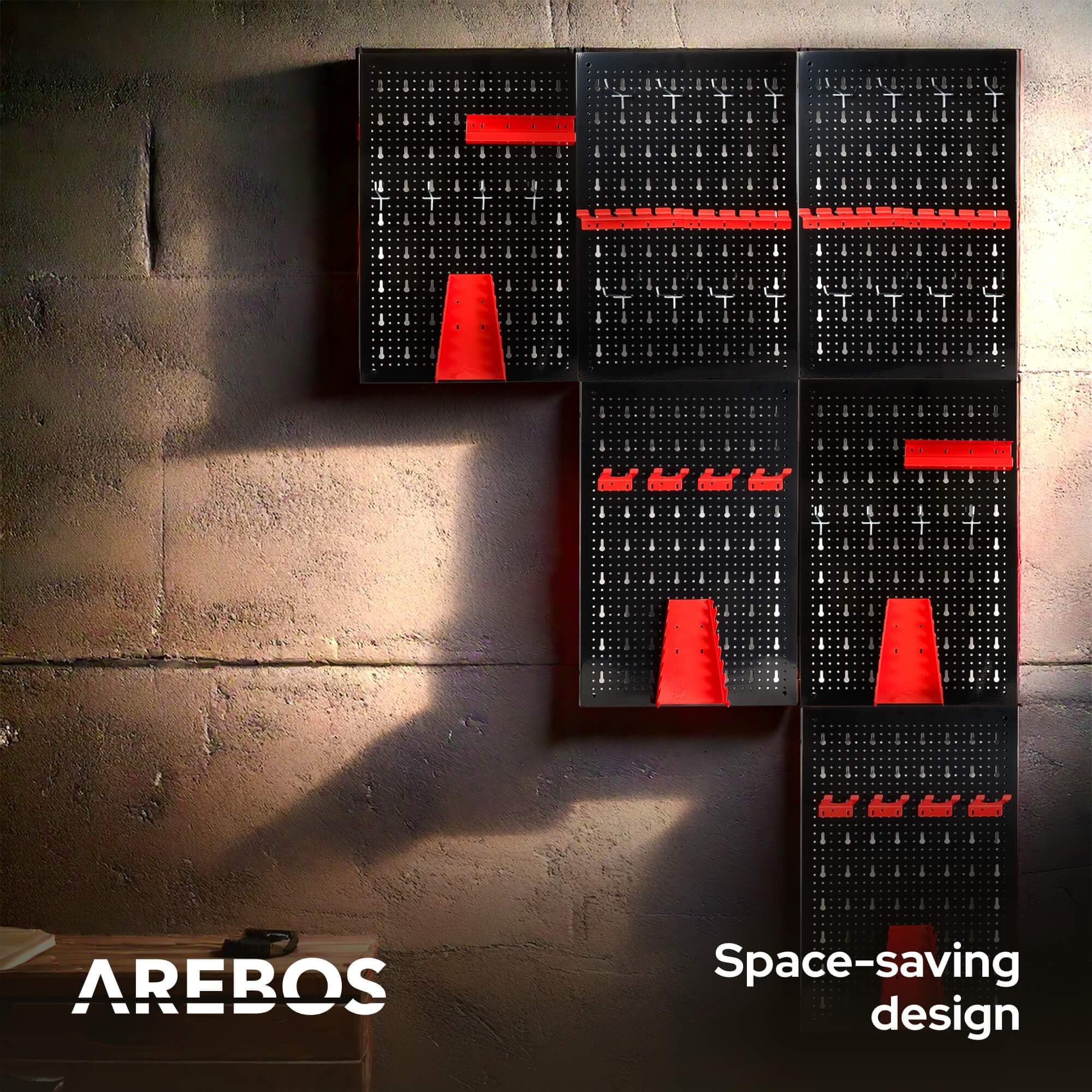 Arebos Panel Portaherramientas de Pared 6 Piezas | Kit con 34 Ganchos | 235,2x59,5 cm | Panel Perforado Metálico para Taller | Soportes para Herramientas | Incluye Material de Montaje | Rojo