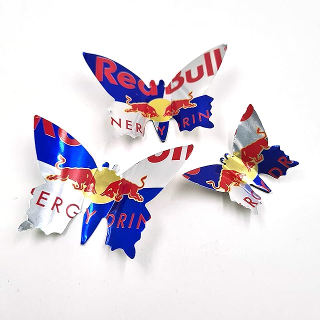 Drinks Can Fridge Magnets - Set of 3 butterfly magnets with gift box - Recycled Redbull Cans