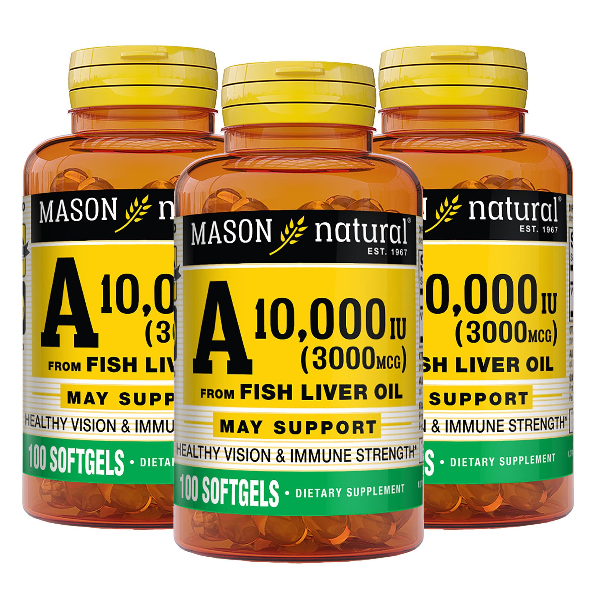 MASON NATURAL Vitamin A 3,000 mcg (10,000 IU) from Fish Liver Oil, Supports Vision & Immune Health, 100 Softgels, Pack of 3