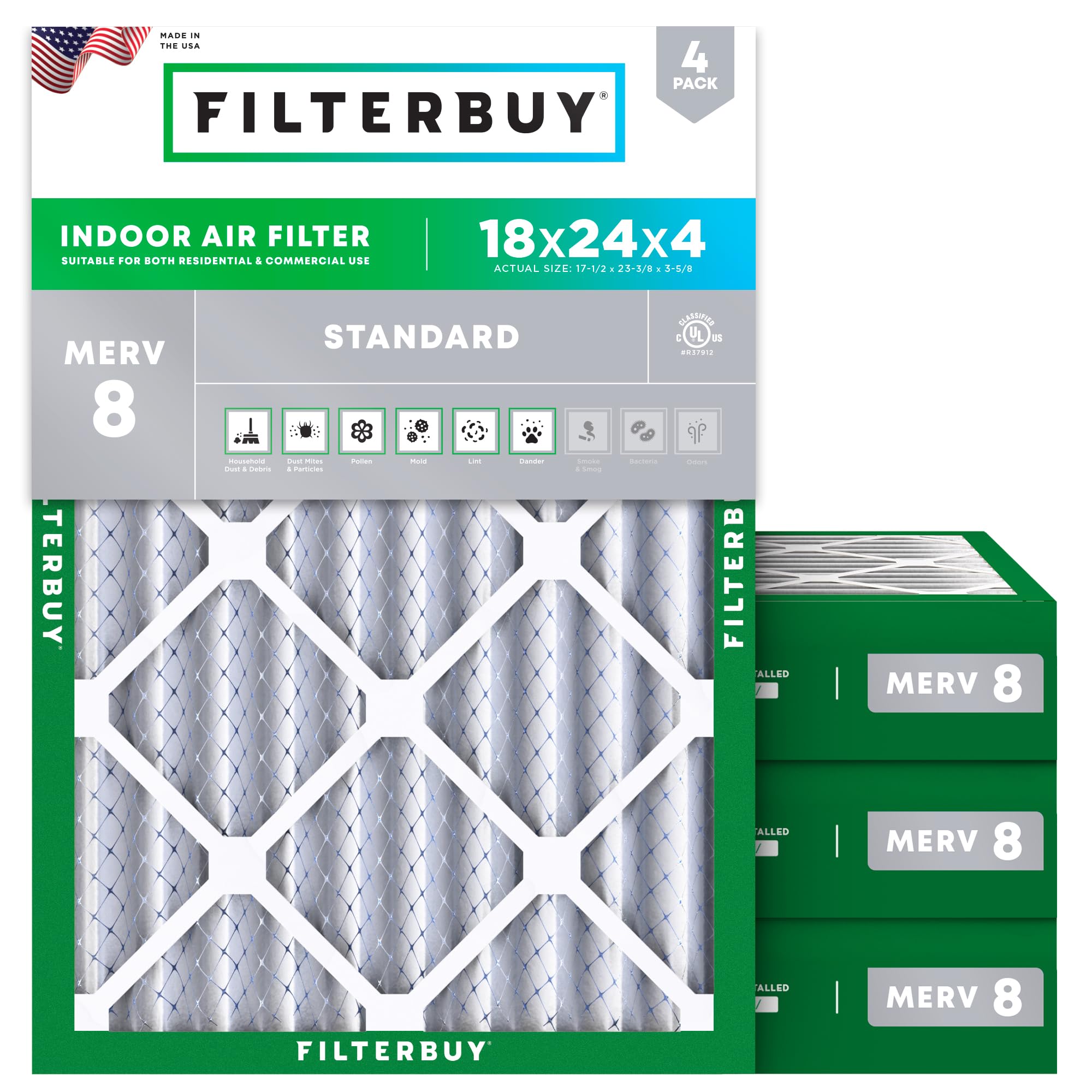 Filterbuy 18x24x4 Air Filter MERV 8 Dust Defense (4-Pack