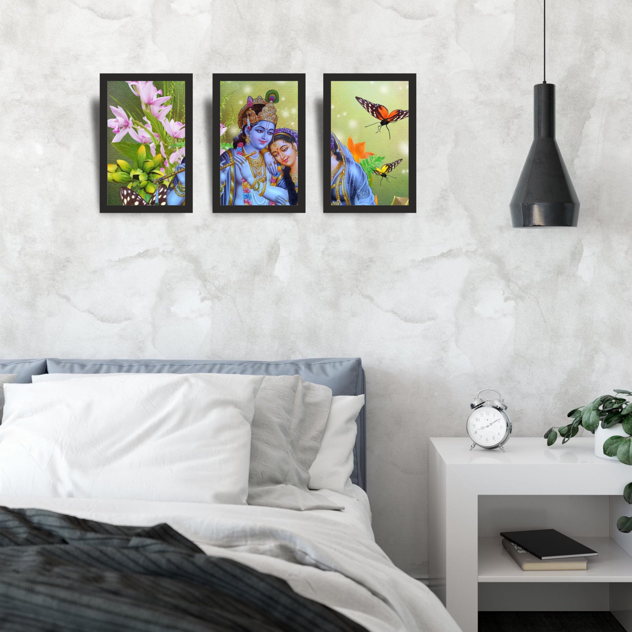 Radha Krishna Floral Butterfly Wall Art Set of 3