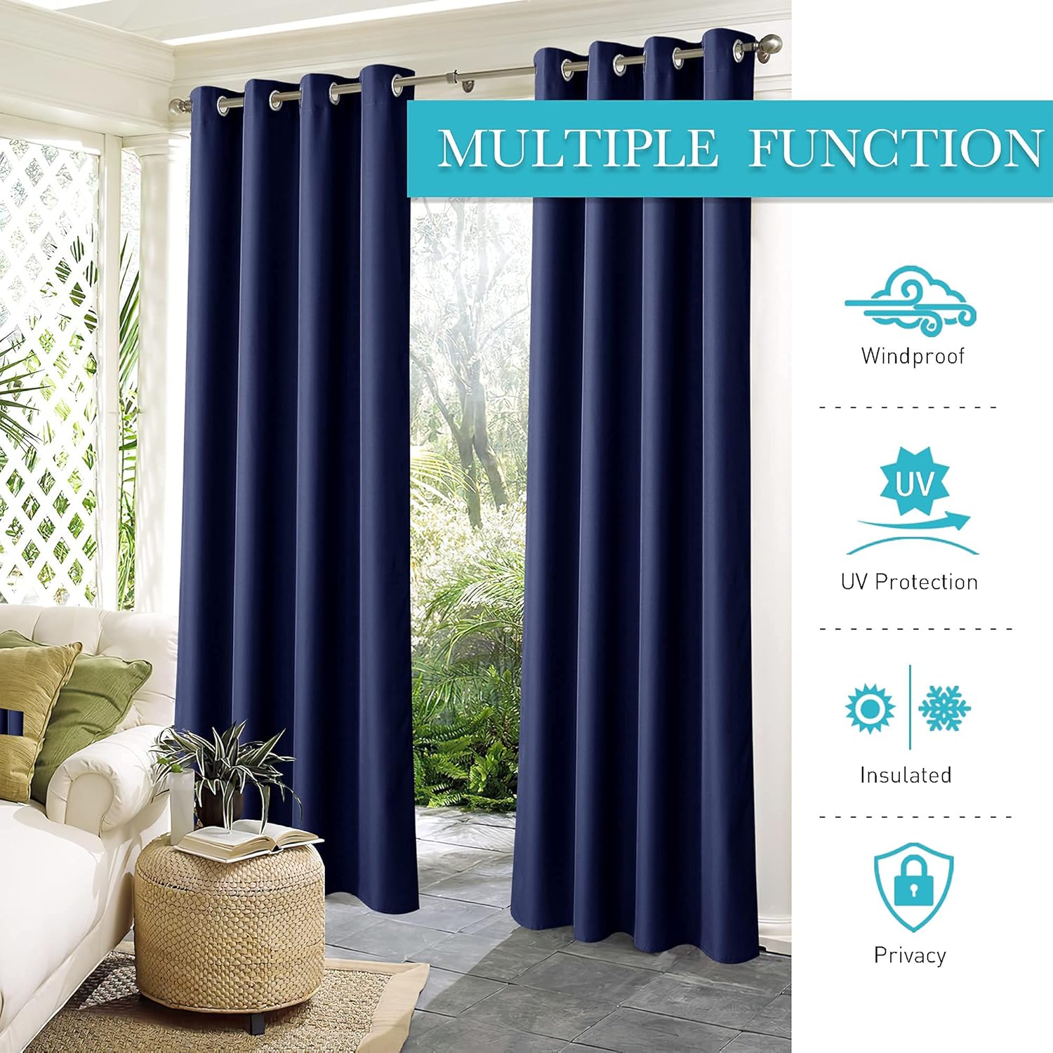 RYB HOME Waterproof Outdoor Curtains - Thermal Insulated Light Block 100% Privacy Protection for Gazebo Patio Porch Corridor Pavilion, Navy Blue, W55 x L96 inches, 2 Panels
