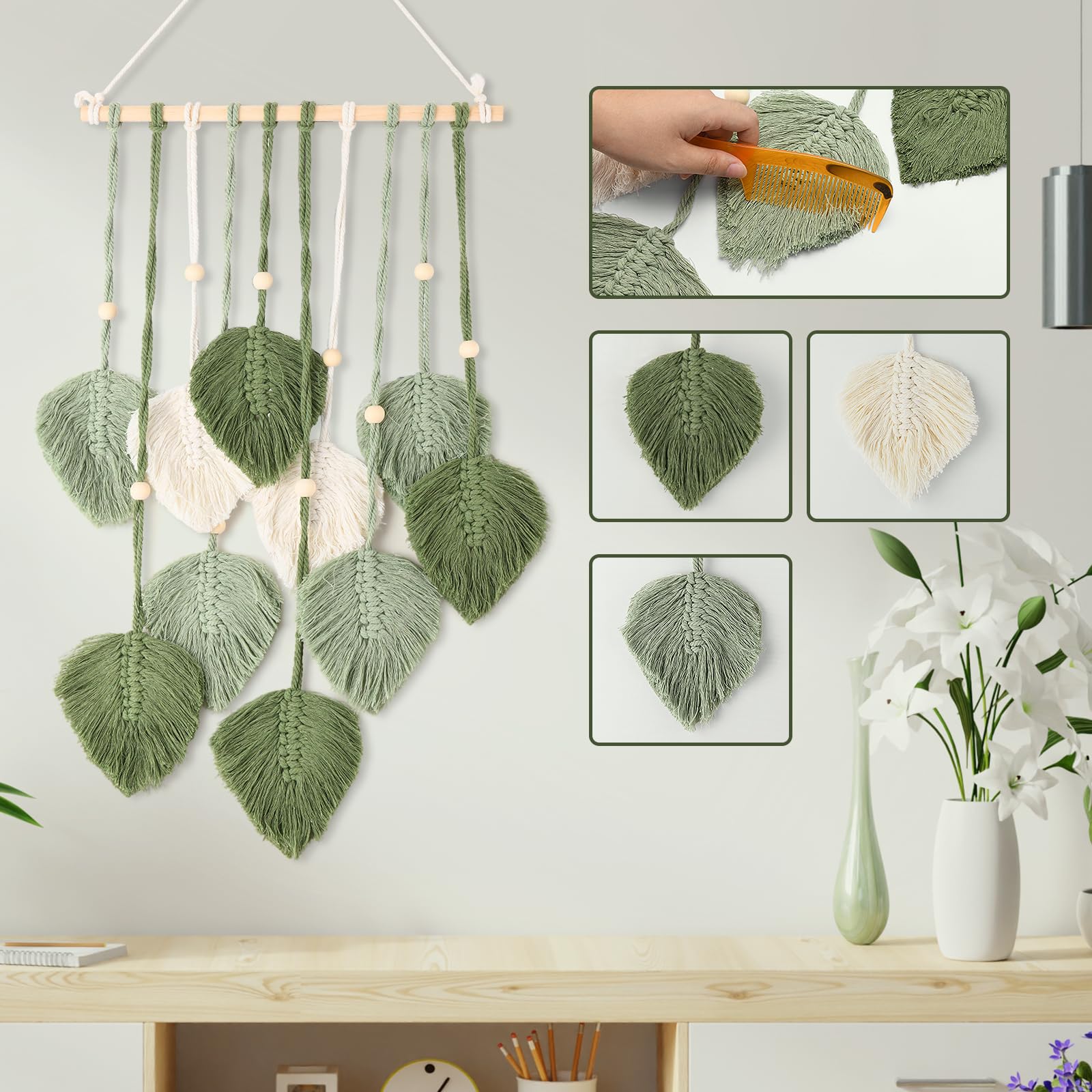 FIHODONE Makramee Wandbehang Boho Style, Fensterdeko Hängend 90 * 40CM, Wandteppich Boho Deko Grün, Blatt Feder Wanddeko für Kinderzimmer Deko Wanddeko Wohnzimmer