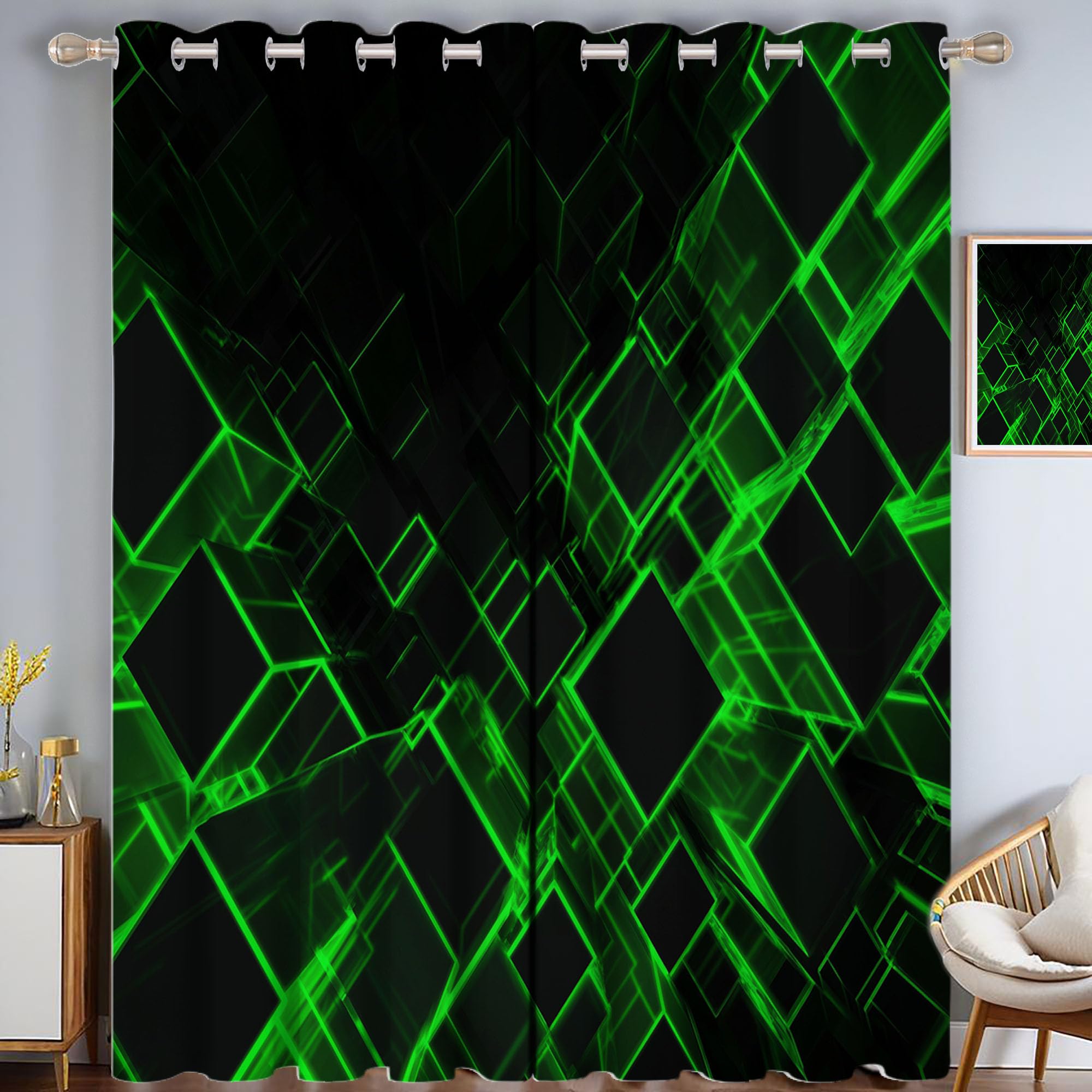 Rideaux Occultants Isolant Thermique Anti Froid et Chaleur Motif Géométrique Vert