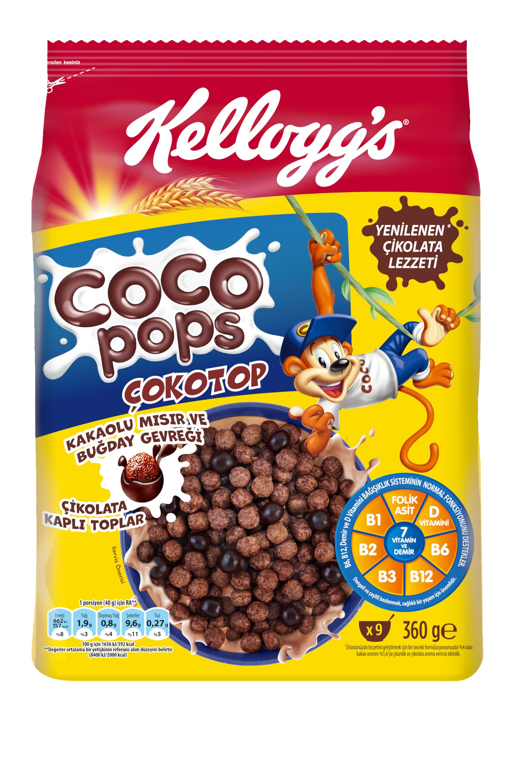 Kellogg's Coco Pops Çokotop Çikolata Kaplı Tahıl ve Buğday Gevreği 360 Gr,Lif,Demir ve 6Vitamin Kaynağı,%100 Pancar Şekeri,D vitamini,Kalsiyum,Folik Asit ve Demir içerir,En Az %40 Kakao içerir
