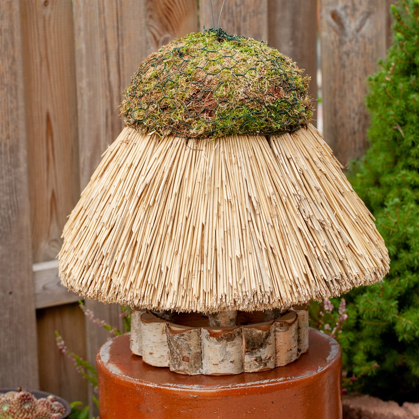 VOSS.garden Vogelhäuschen Amrum mit Reetdach, Naturbelassene Birke 23cm große Futterplatte, Vogelhaus Futterstation Naturbelassene Vogelfutterstation