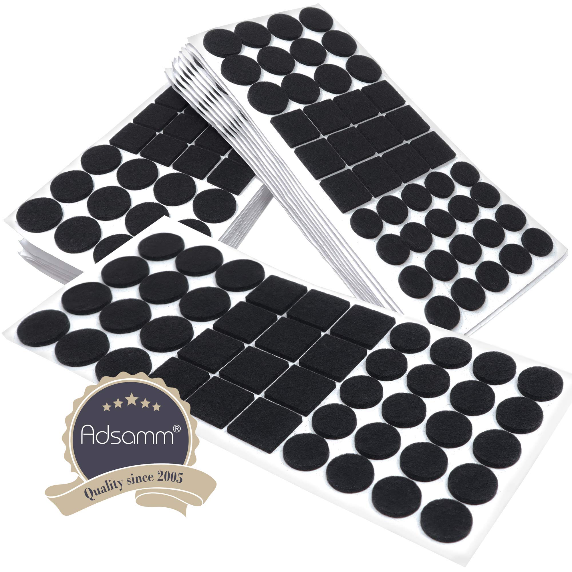 Adsamm® / 880 x almohadillas de fieltro / negro / diferentes tamaños / Ø 28 mm / Ø 20 mm / 25x25 mm / Protectores de suelo para patas de mueble / auto-adhesivos / con grosor de 3,5 mm de la máxima calidad