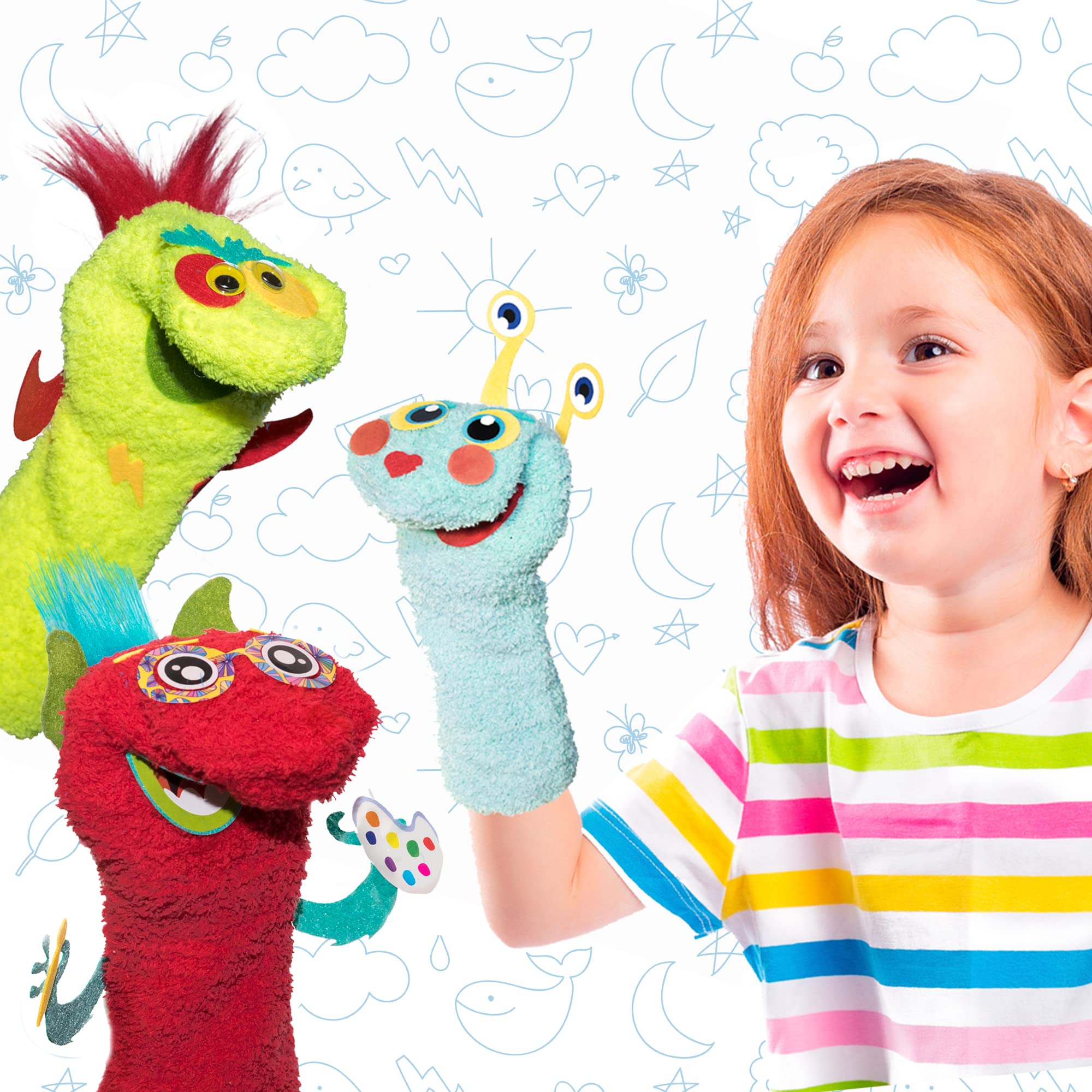 Scatola di lavoretti creativi per bambini. Kit per disegnare e decorare marionette a calza da mano per bambini con decorazioni in feltro. Gioco di creatività e arte "The Puppet Master"