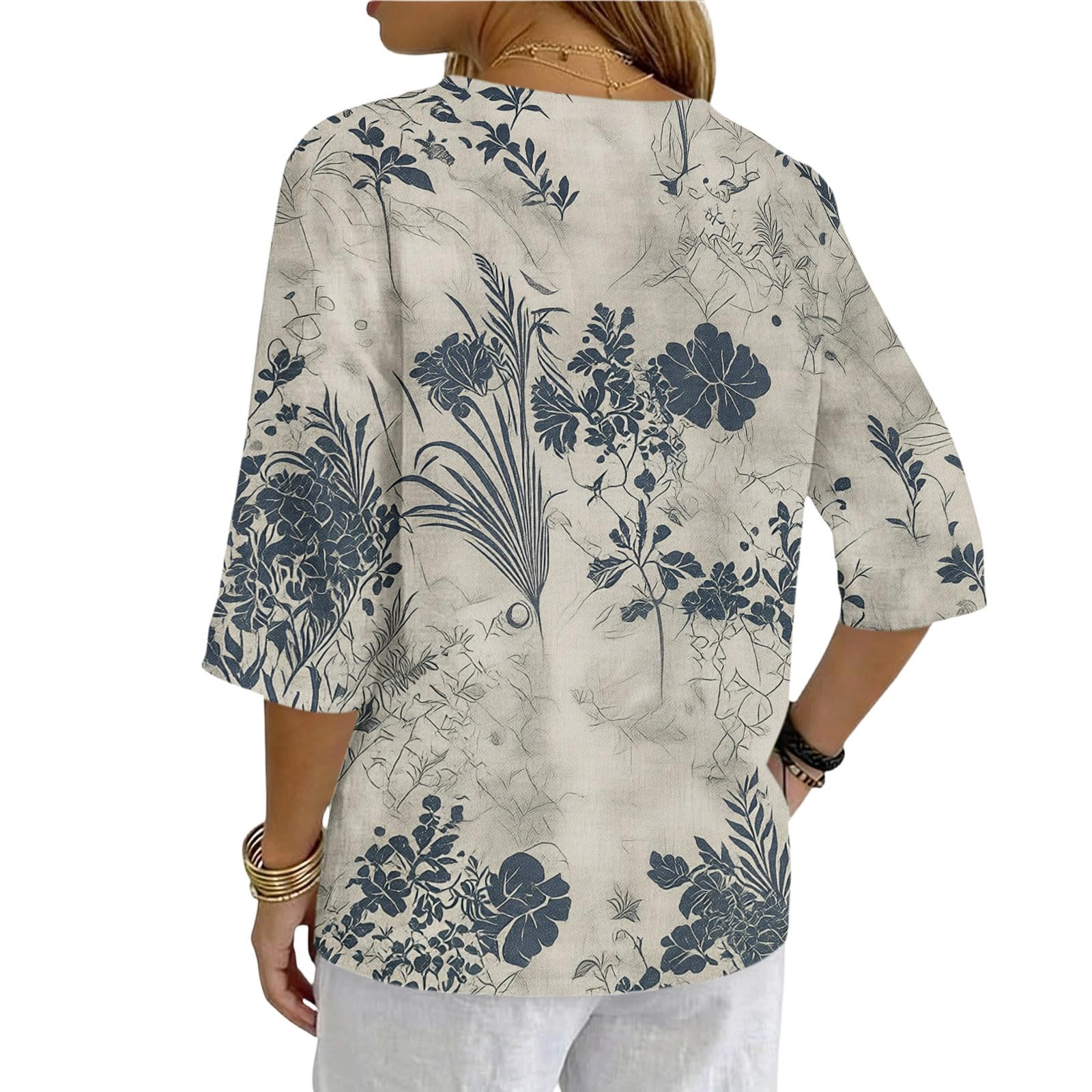 Bluse Damen Elegant V-Ausschnitt Oberteile 3/4 Arm Sommer T-Shirt Einfarbig Knopfleiste Leinenblusen Retro Lässig Locker Blusenshirt Basic Tunika Shirt Urlaub Leicht Hemdbluse Druck Top