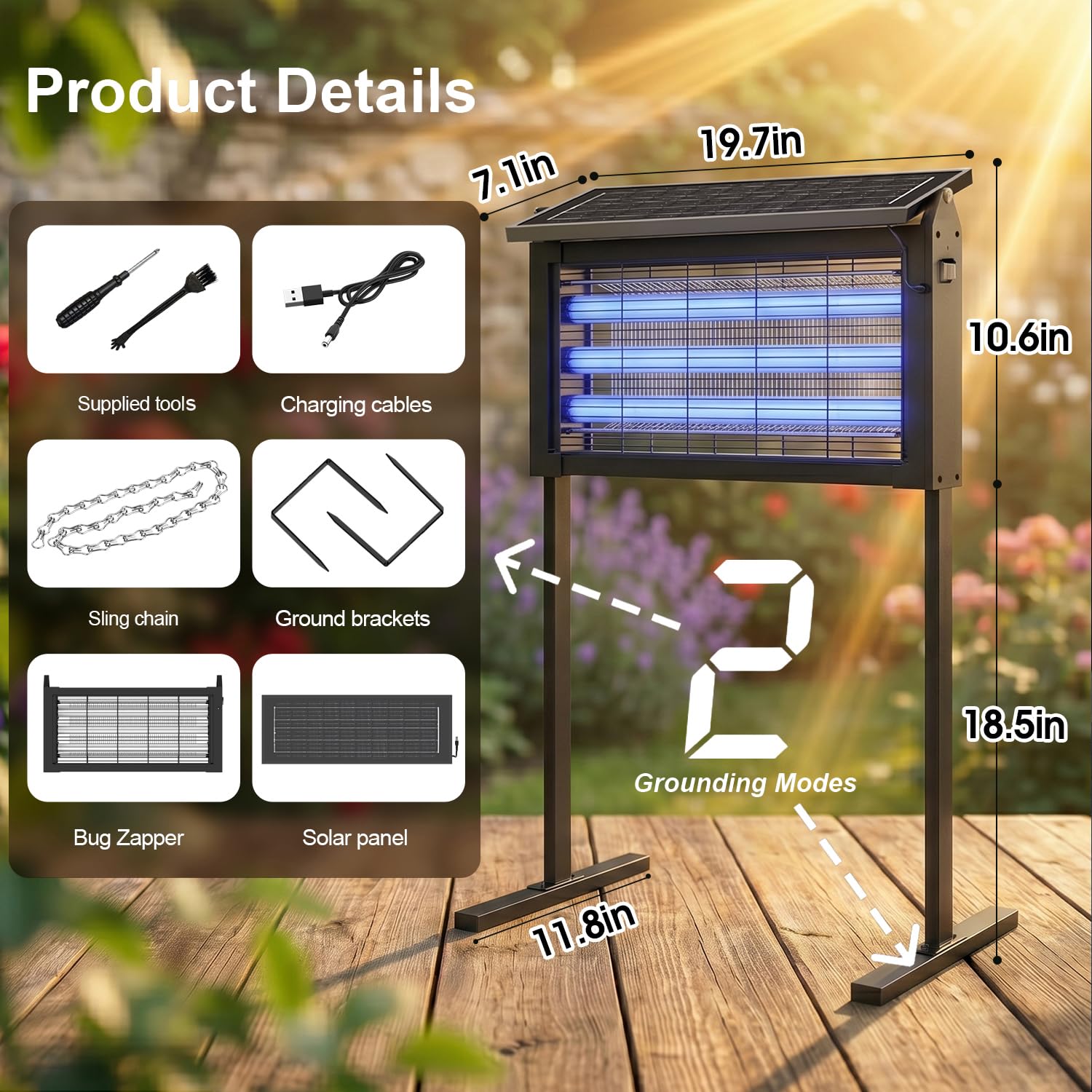 Solar Bug Zapper Outdoor, Potente Zapper Zanzariera, 3500V Elettrico Mosquito Killer, Impermeabile e Portatile, Trappola per insetti Volante Ricaricabile per Patio, Cortile, Giardino, Casa, Campeggio