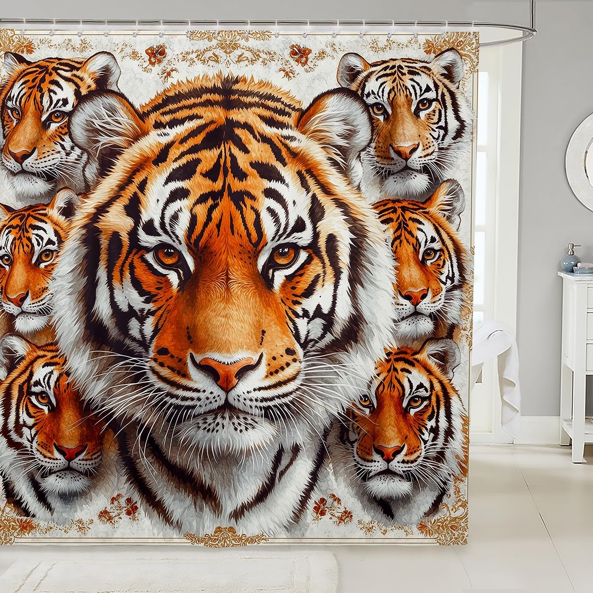 Rideau de douche tigre 3D aquarelle pour enfant avec crochets