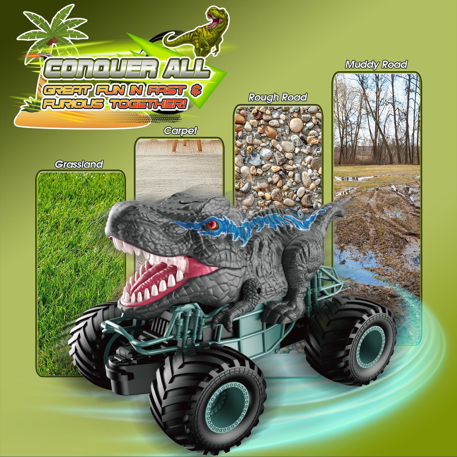 HappyGoLucky Voiture Telecommandé Enfant, Voiture Télécommandée Tout Terrain Dinosaure Jouet Garcon 3 4 5 6 7 8 Ans Jouet Enfant 3-12 Ans Monster Truck - Cadeau de Garcon Fille