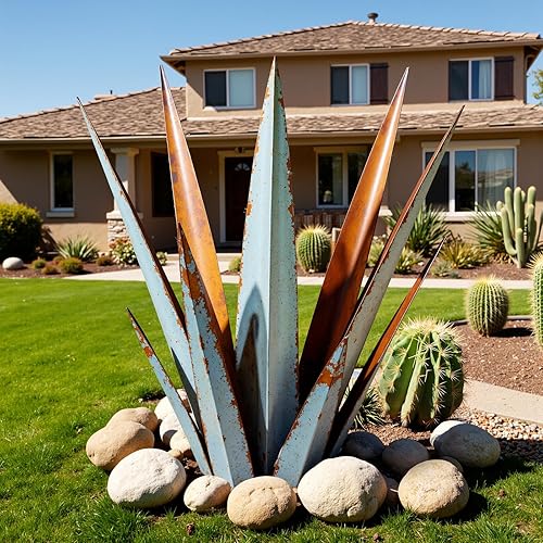 Miniatura 13 de Escultura rústica de tequila grande, plantas de agave de metal rústico para patio al aire libre, decoración del hogar, estatua de metal pintada a