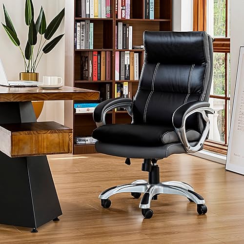 glitzhome Silla de oficina de piel sintética, silla de escritorio ergonómica con ruedas, sillas de escritorio negras para el hogar, respaldo alto,