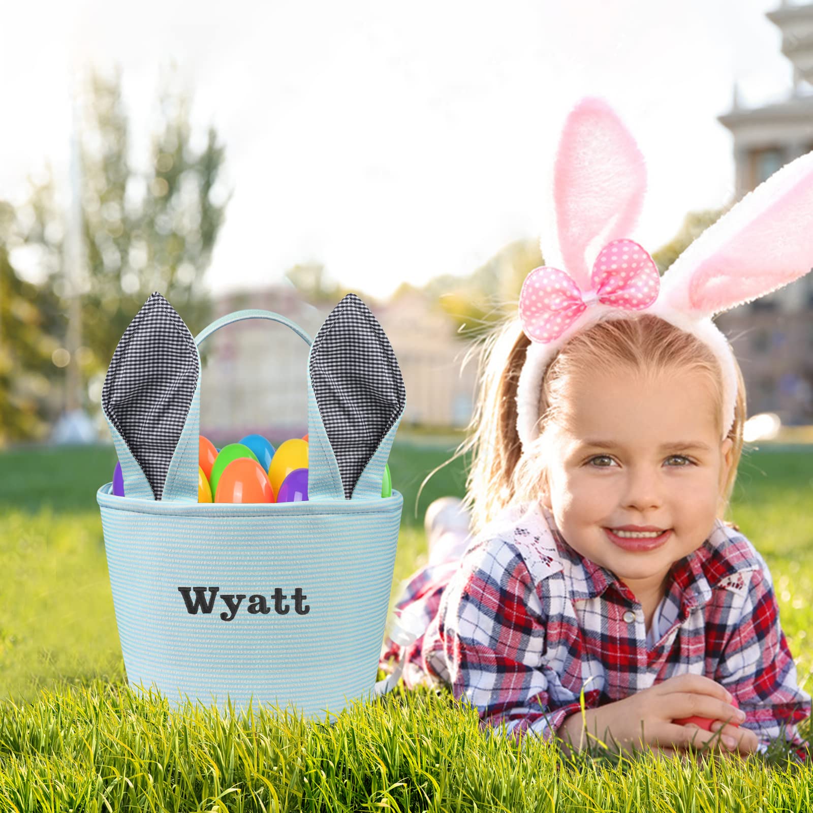 Touber Personalized Easter Basket, Easter Bunny Basket with Ears Custom Easter Basket with Name Easter Basket Bags for Kids Easter Eggs Hunt Baskets Easter Basket for Boys Girls - Blue