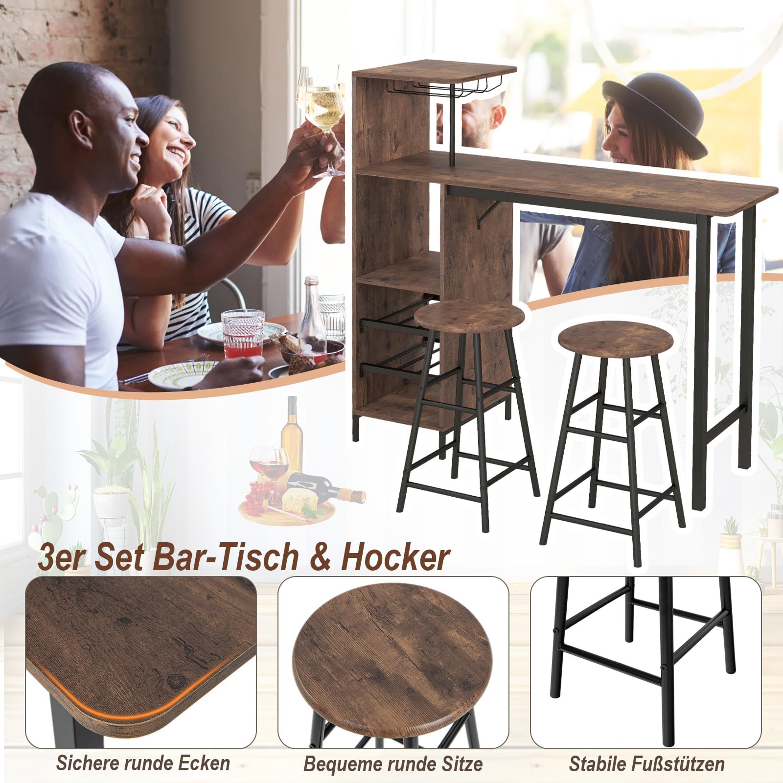 RELAX4LIFE Bartisch Set 3-Teilig, Esstisch mit 2 Barhockern, Thekentisch mit 3 Ablagen & 2-stufigem Weinregal & Glashalter, Bistrotisch Set mit Metallgestell, Essgruppe für 2 Personen (Kaffee)