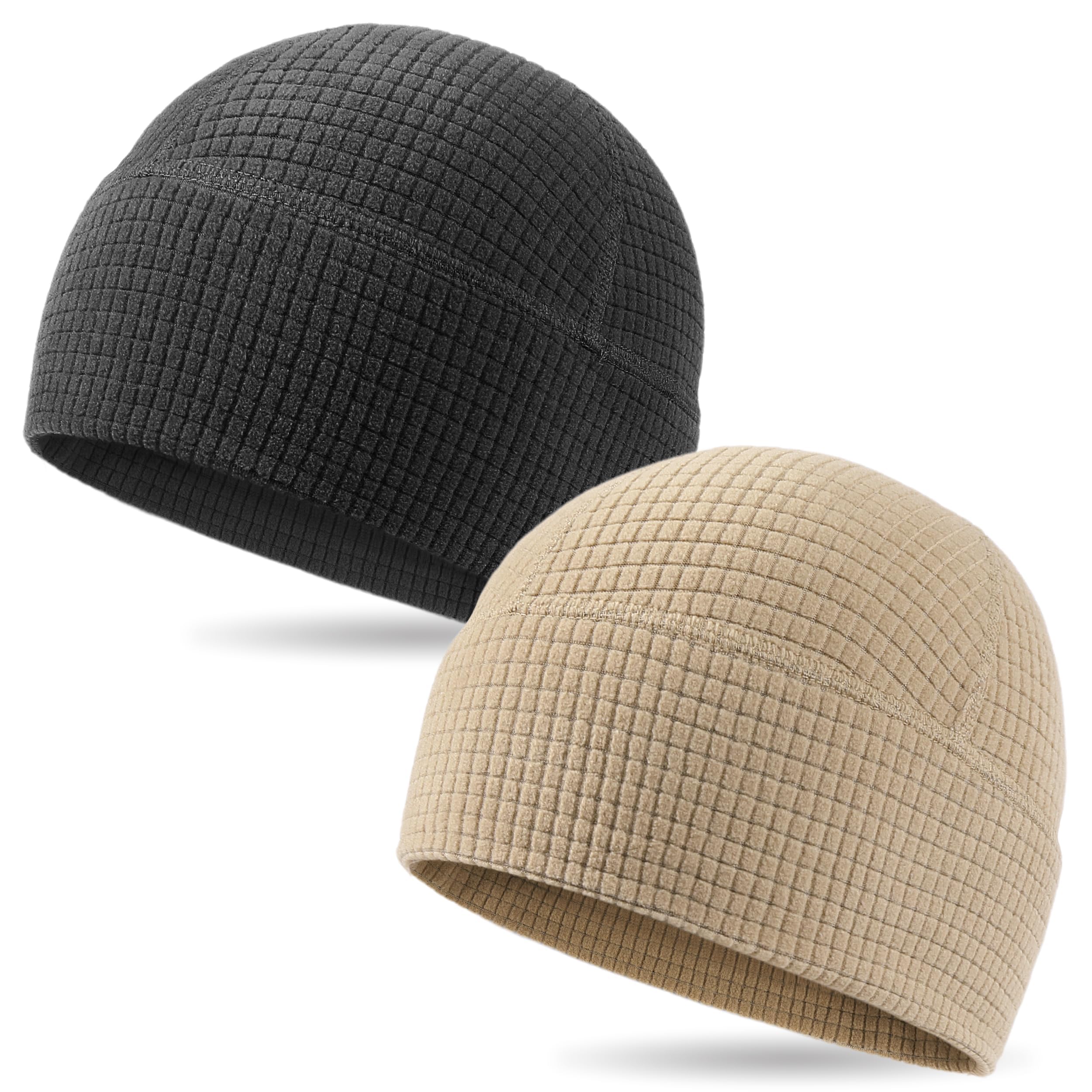 2 Pack Grid Fleece Beanie Watch Cap Waffle Tactical Beanie Multi-Season Army Military Fleece Hat, All Weather Gear