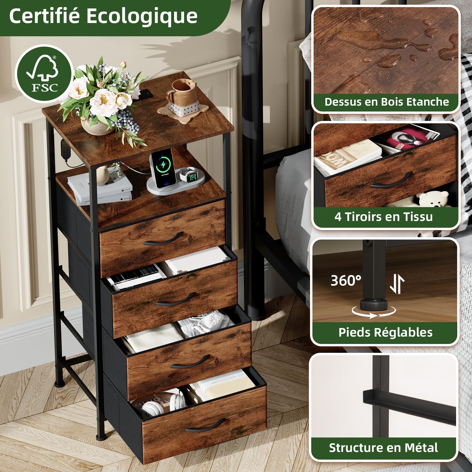 Somdot Commode Chambre Connecté, Table de Chevet LED Haute avec Station de Charge, Meuble de Rangement en Tissu pour Adult Salon Couloir Entrée, 30P x 40l x 86,5H (4 Tiroirs), Imprimé Grain de Bois