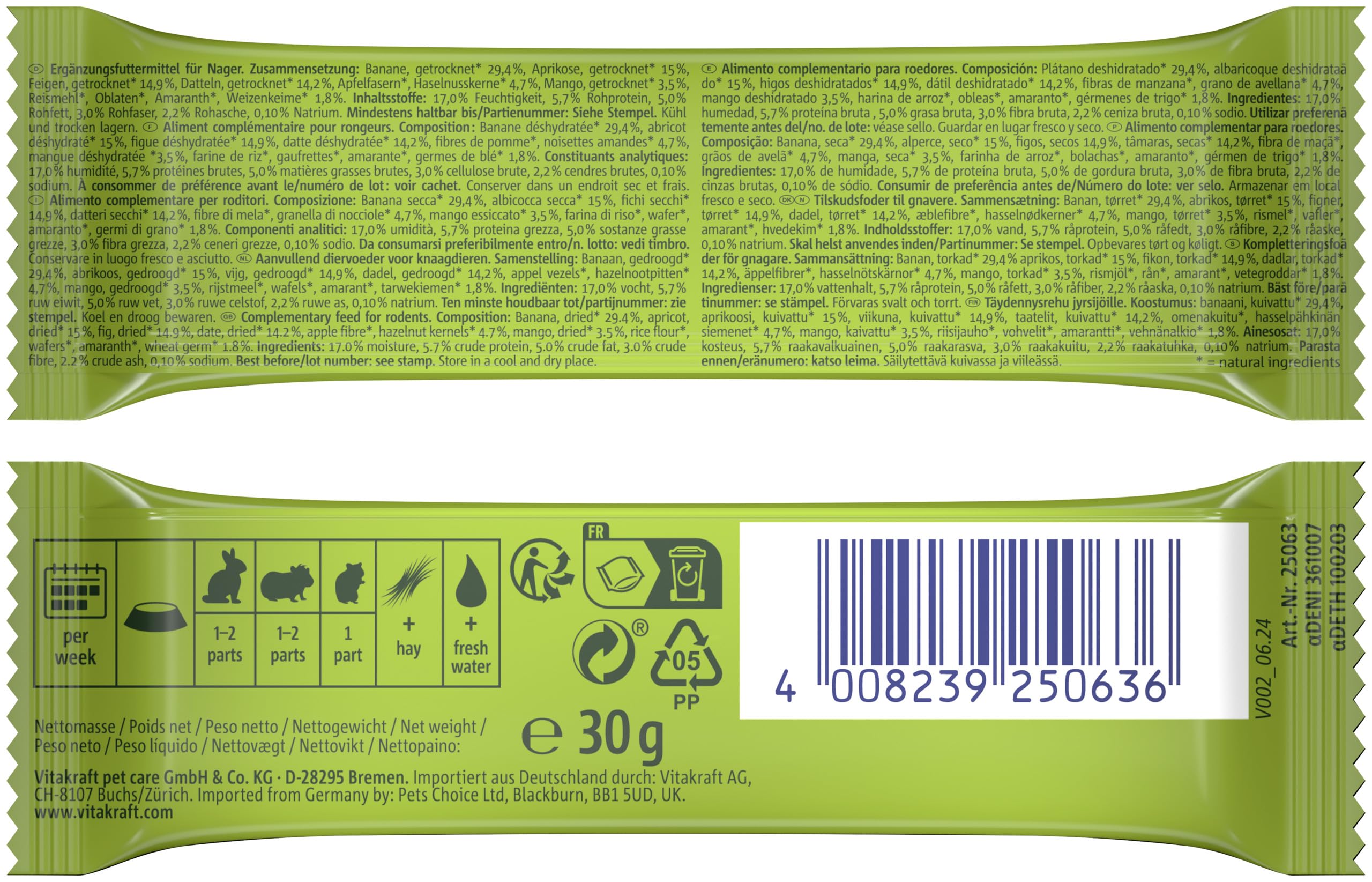 Vitakraft Frutti Corn, Fruchtschnitte für Nager, mit Banane, mit Feige, mit Datteln, portionierbar durch Bruchrillen, ohne Zusatz von Zucker und Getreide (20x 30g)