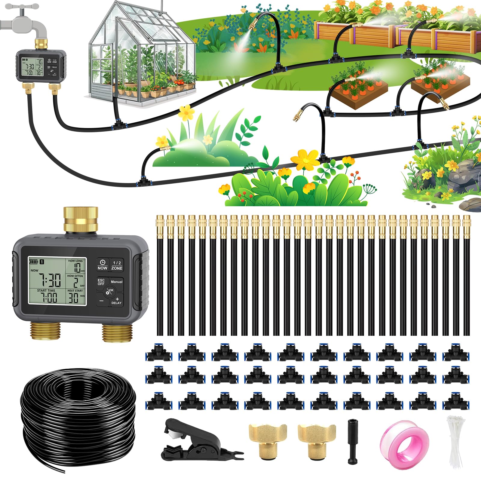 Sistema di irrigazione a goccia da 30 m con timer intelligente – Kit di irrigazione automatica da giardino con connettori in ottone a doppio tubo metallico, ugelli regolabili a 360° e tubo pieghevole