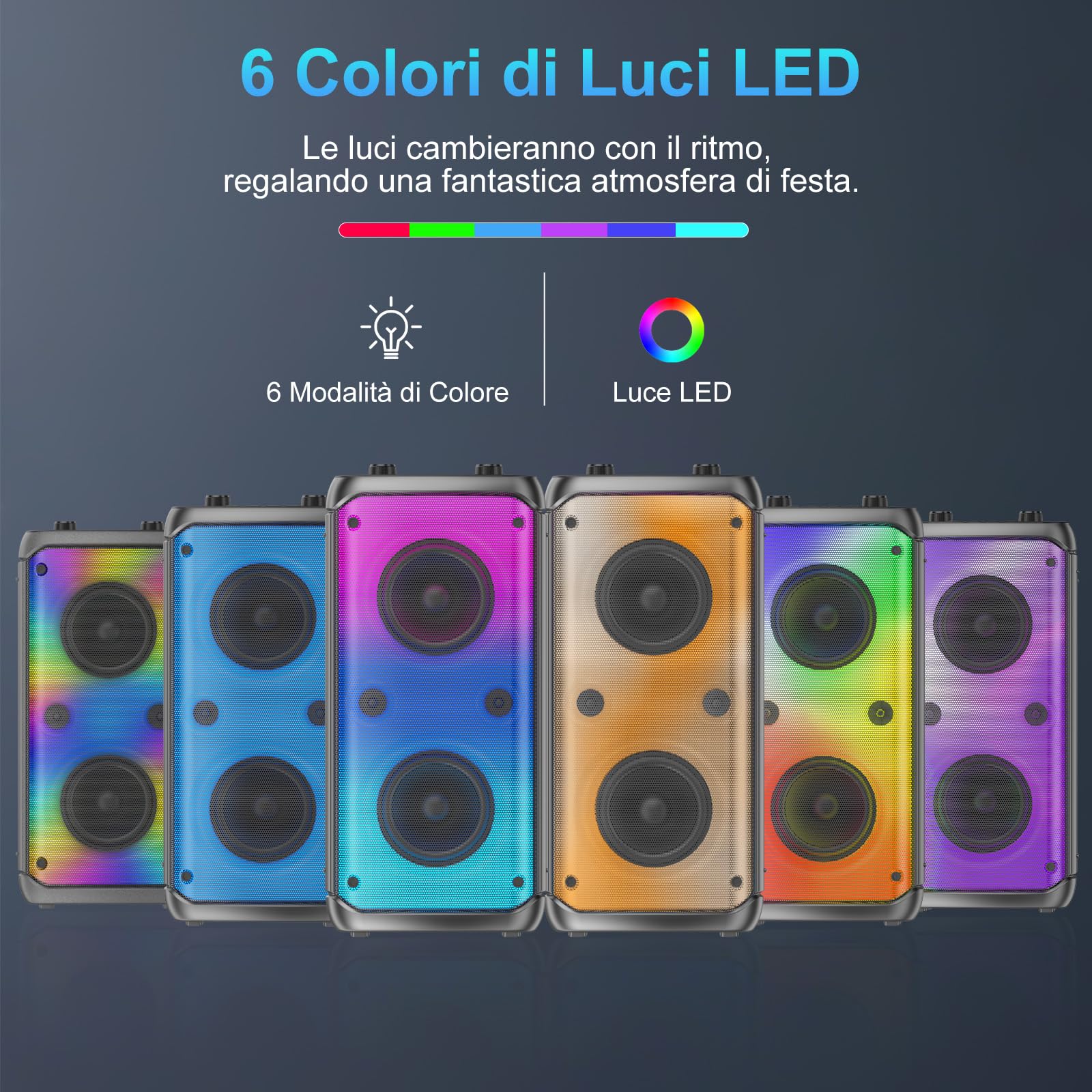 Altoparlante Bluetooth, altoparlanti da esterno con potenza di picco 80 W, altoparlanti wireless Bluetooth portatili per feste con subwoofer, luci LED colorate per la casa e il campeggio