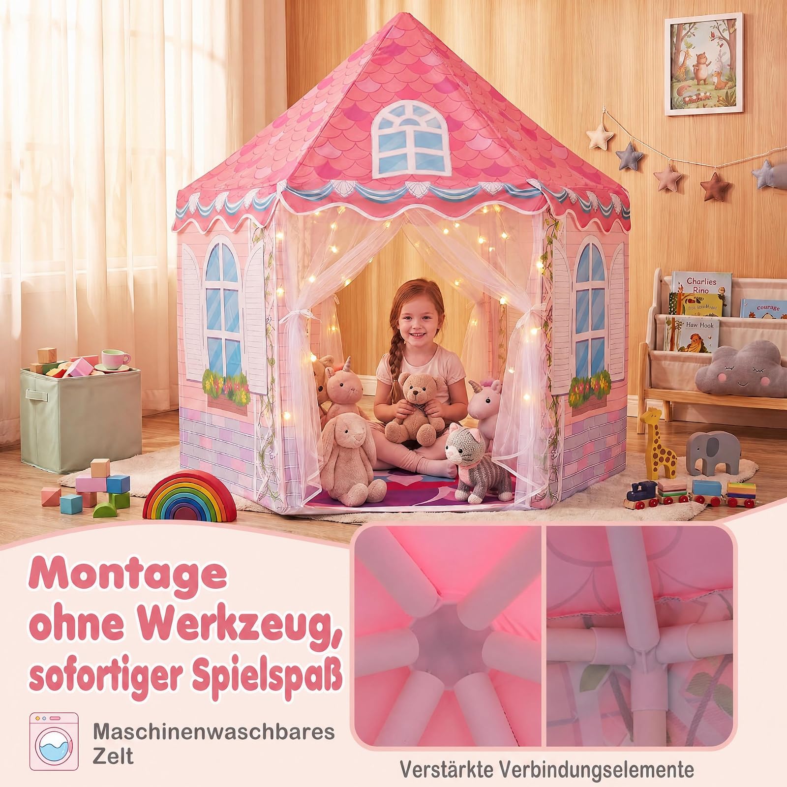COSTWAY Namiot do zabawy, namiot dziecięcy Princessinnenburg do użytku | Domek do zabawy z zasłonami z oddychającej siatki, domek do zabawy do pokoju dziecięcego, od 3 lat, 140 x 140 x 140 cm