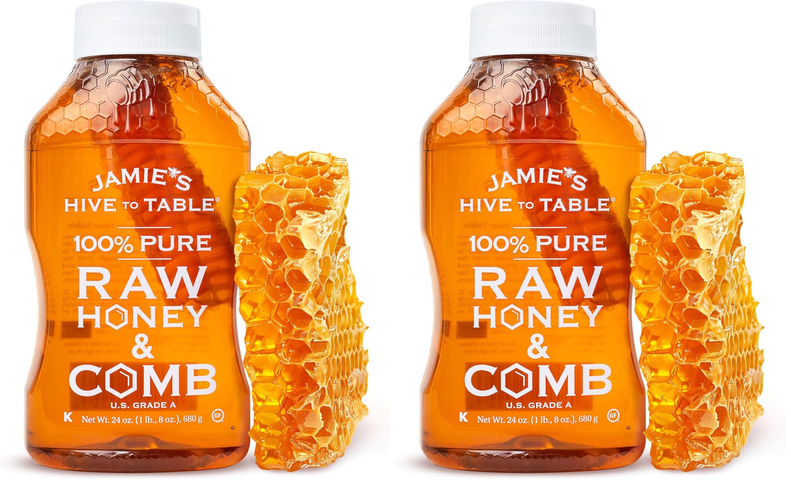 Jamies Hive to Table 100% Pure Honey with Honeycomb, 24 Oz  USA Made Raw & Unfiltered Honey  Fresh Edible Honeycomb  All-Natural Sweetener  Rich Flavor Profile, Packed with Nutrients (Pack of 2) Classic 24 Ounce (Pack of 2)
