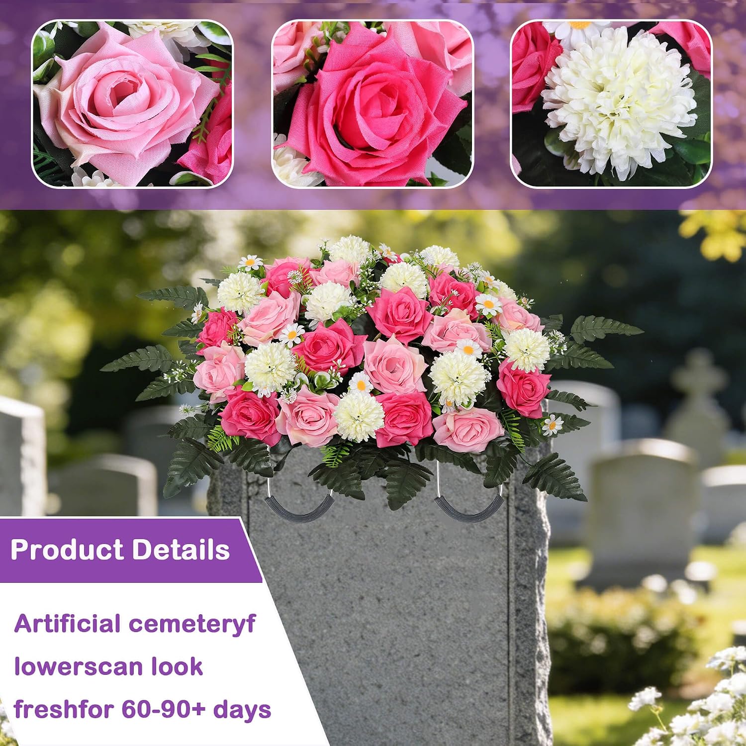 Lodou Artificial Cemetery Flowers,Headstone Flower Saddle,Realistic Vibrant Roses,Cemetery Memorial Flowers for Outdoor Tombstone Decorations (Pink)