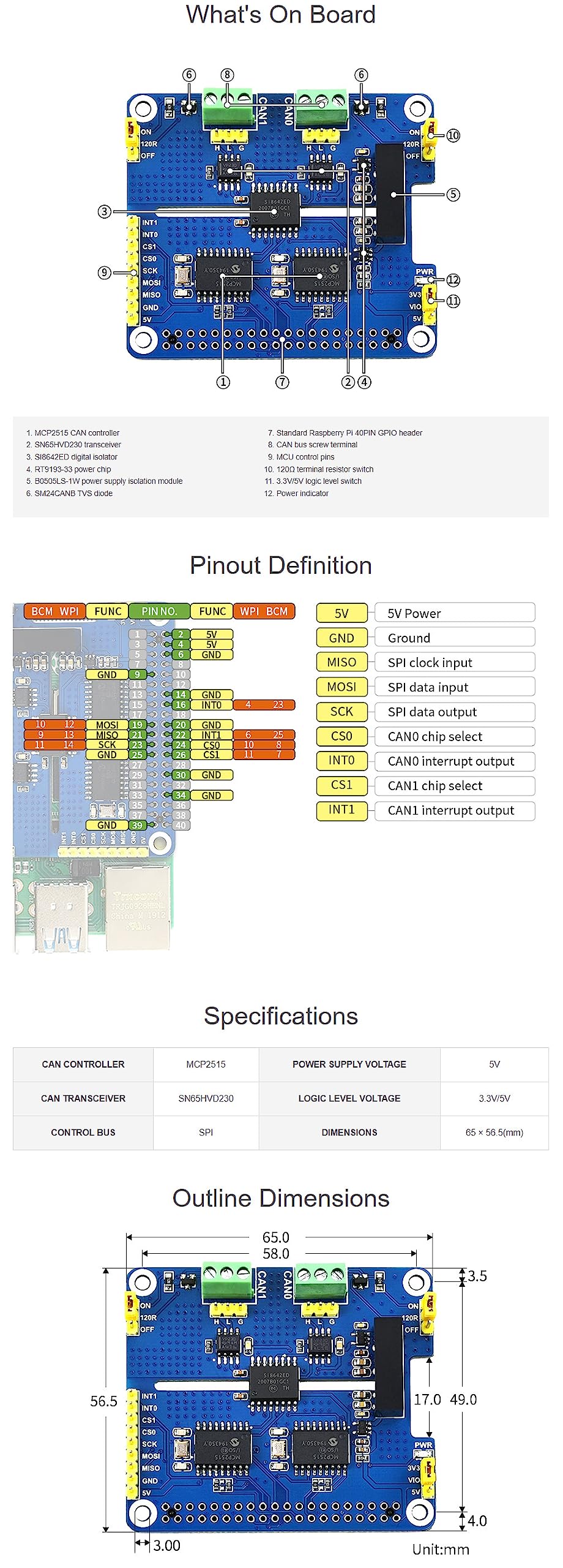 Carte d'extension 2 canaux CAN HAT isolée CAN Bus pour Raspberry Pi/STM32/Arduino avec MCP2515 + SN65HVD230 Dual Chip Solution