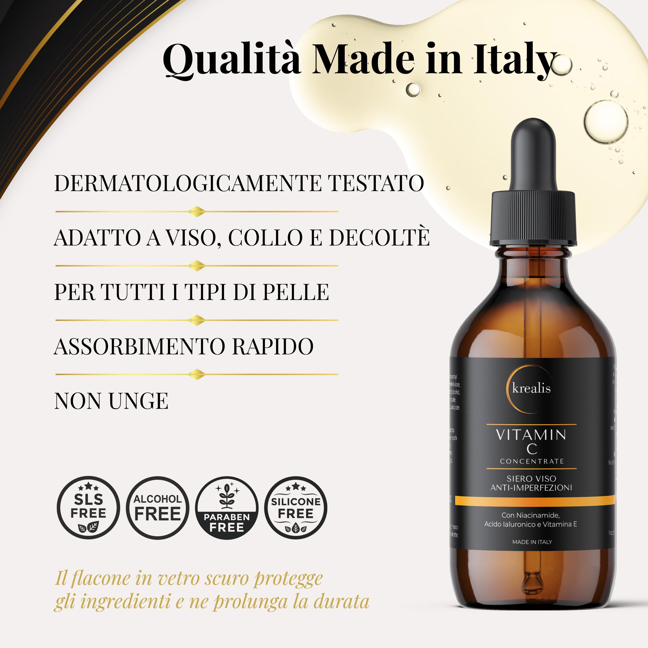 KREALIS •100ml• Siero Vitamina C Viso Acido Ialuronico con Niacinamide, Vitamina E, Aloe Bio, Antimacchia, Anti Imperfezioni, Siero Viso Contorno Occhi Antirughe E Occhiaie