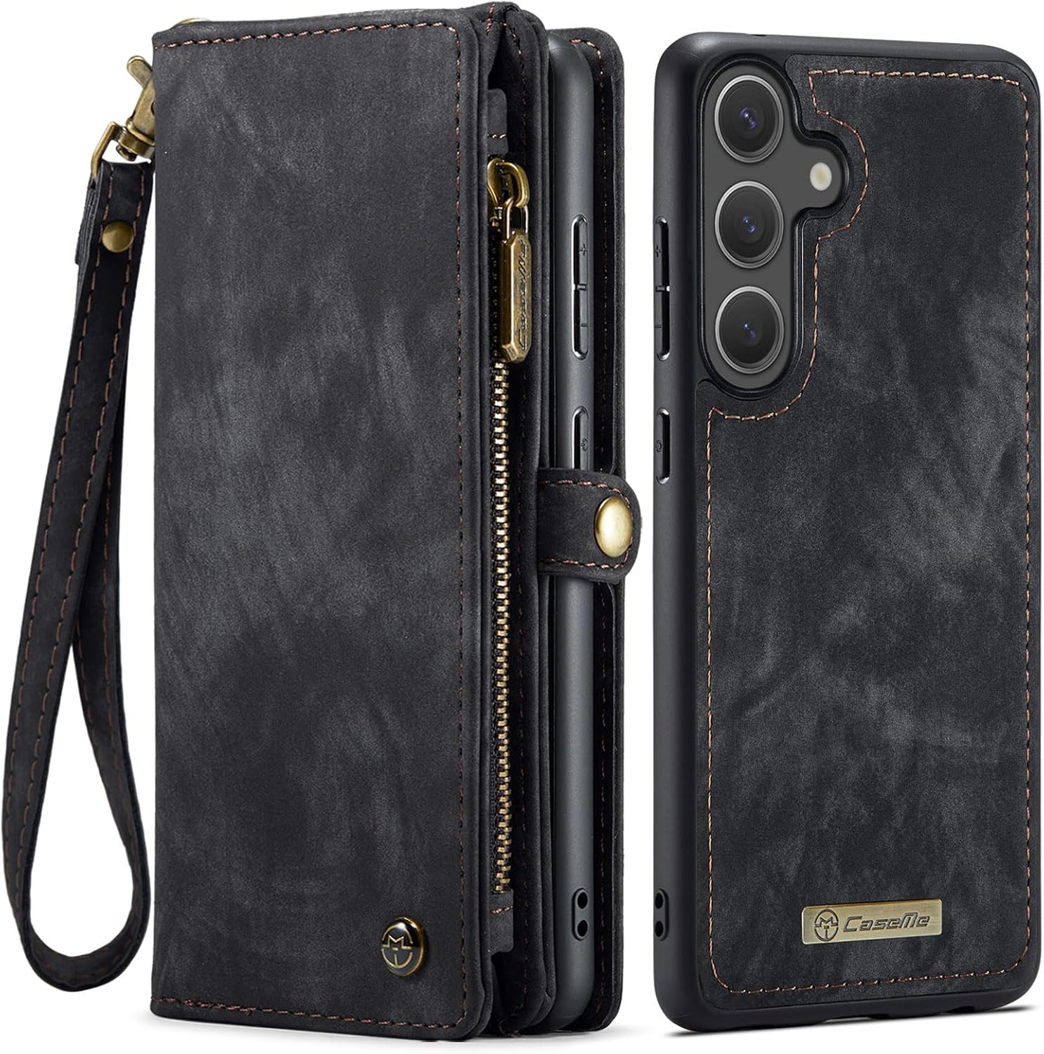 for Samsung Galaxy S25 Wallet Case, Magnetic Flip Zipper Pocket Kickstand Cover Premium Durable PU Leather Folio Case with Card Holder Lanyard Strap Wristle (Black, S25)