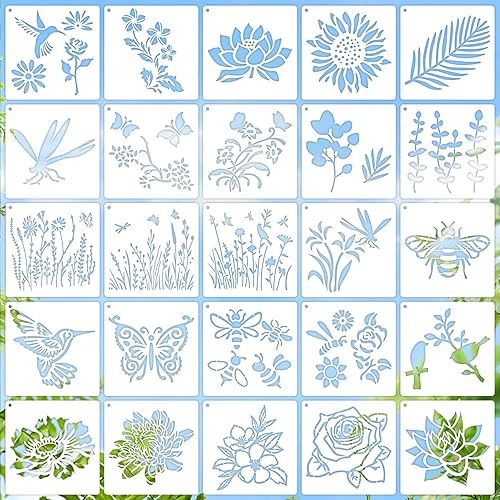 Plantillas de flores silvestres de 6 pulgadas, plantillas reutilizables de flores de primavera para pintar sobre madera, 25 piezas de plantillas