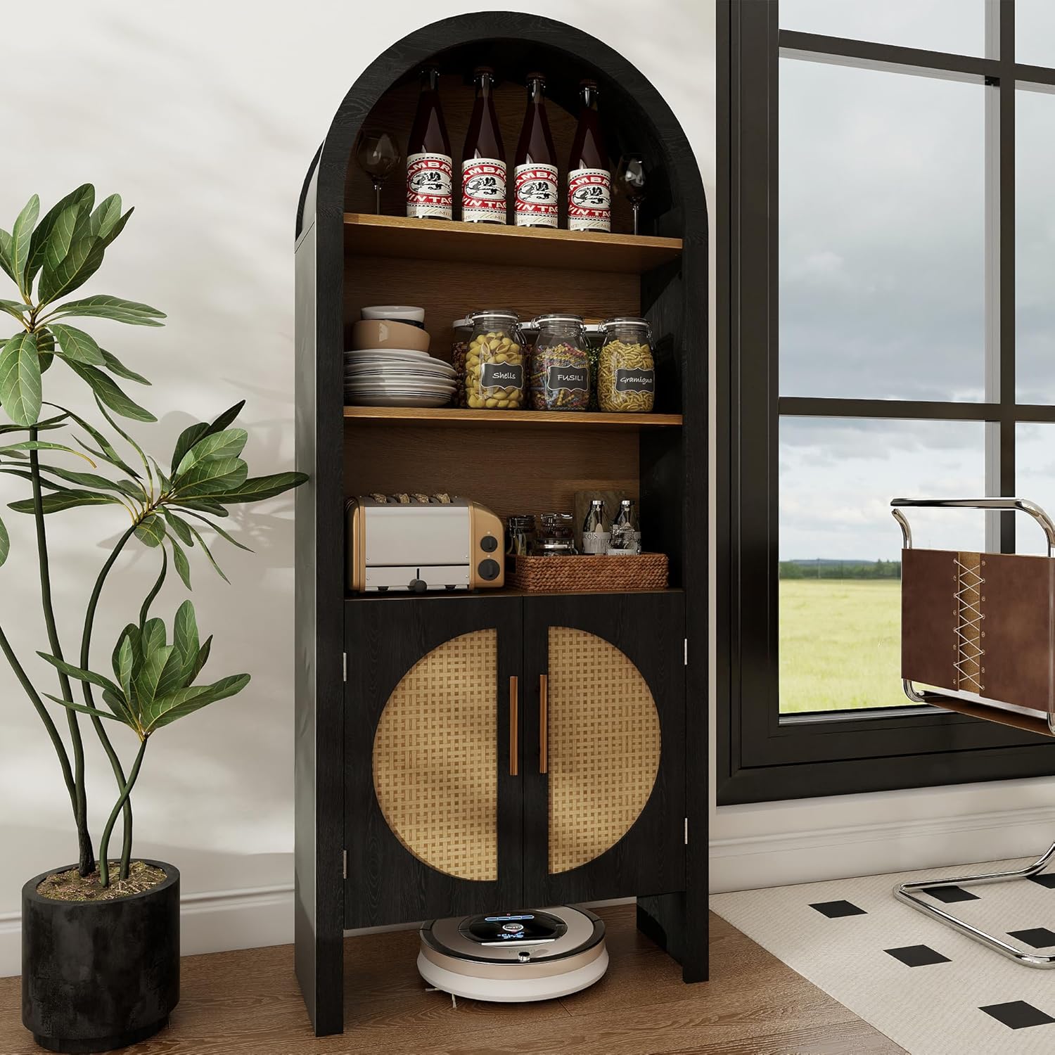 60" Arched Cabinet with Rattan Doors, 5-Tier Arched Bookcase, Display Cabinet for Living Room, Dining Room, Kitchen or Home Office, Black
