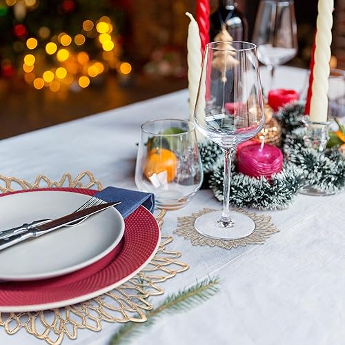 Miniatura 8 de Juego de 6 manteles individuales y posavasos redondos dorados, 12 piezas a granel, manteles individuales de vinilo dorado con hojas, cargadores de