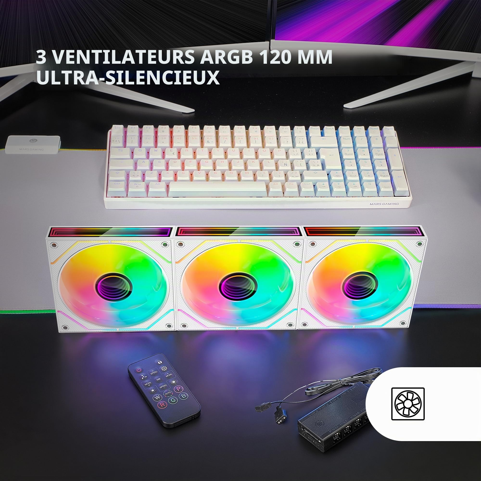 MARS GAMING MF-3DPROKIT, Kit 3x Ventilateurs PWM 120mm, Ã‰clairage ARGB Infinity Mirror 3D, Système de contrôle PWM, Paliers FDB, Télécommande et HUB, Compatibilité Totale ARGB, Blanc