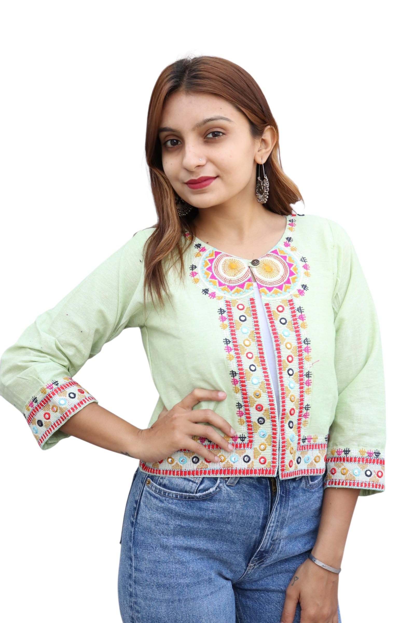 Indo Era Women's Embroidered Crop Jacket, Ethnic Work, 3/4 Sleeve, Multicolour, Casual Wear in multi