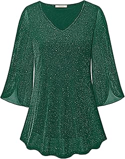 Womens Ruffle 3/4 Sleeve V Neck Double Layers Mesh Blouses Loose Fit Flowy Tunic Tops